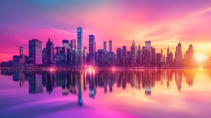 Obraz premium Futuristic city skyline at sunset with neon lights and colorful reflections. Neon Dreamscape City. Illustration