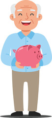Fototapeta premium Happy elderly man holding a piggy bank in flat vector art