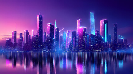 Fototapeta premium Futuristic city skyline with neon lights. Neon Dreamscape City. Illustration