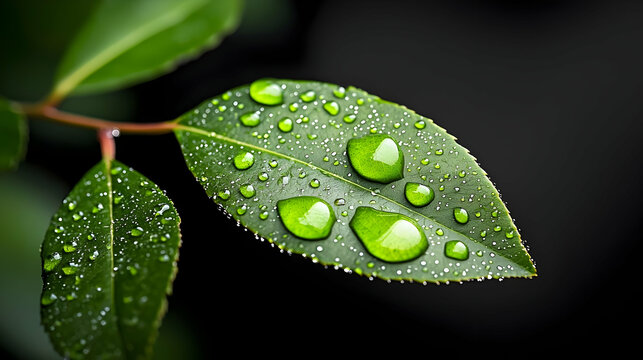 Close Up of a Smooth Wet Green Leaf with Water Droplets