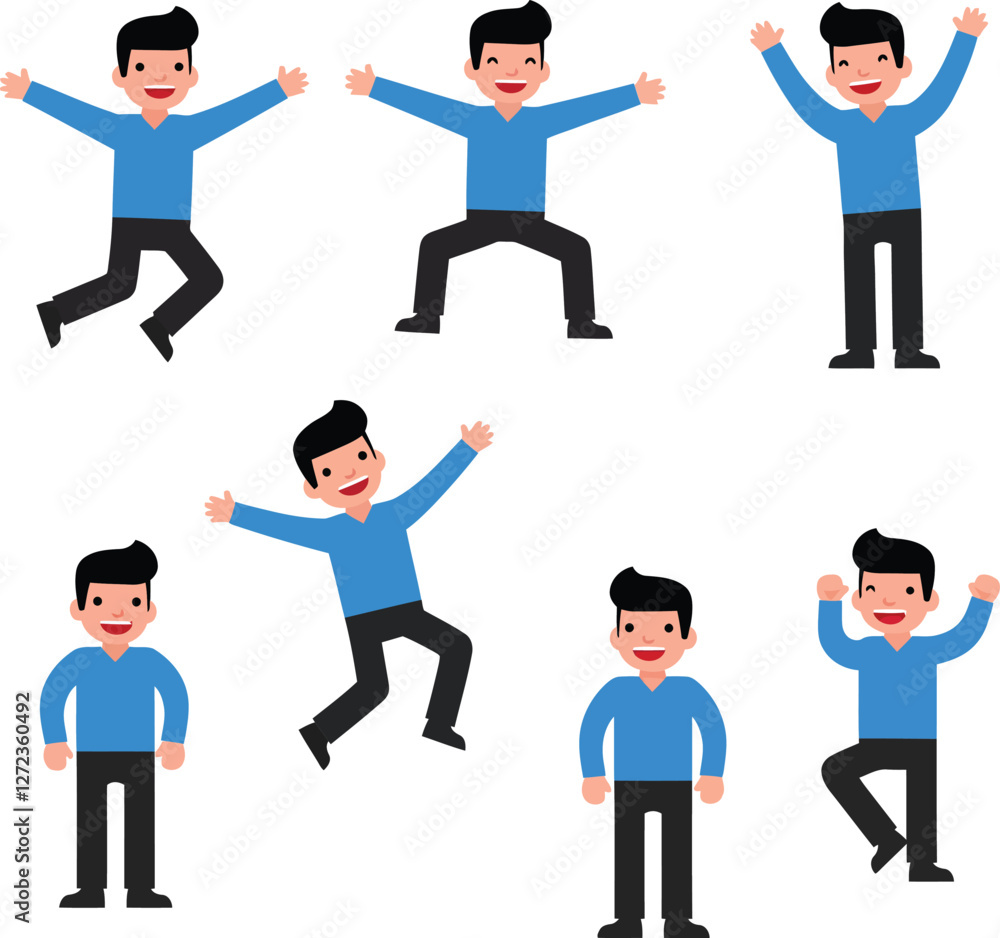 Aufkleber animated character expressing joy in multiple poses flat vector illustration