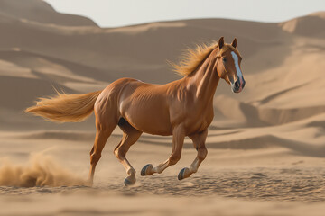 Obraz premium Majestic Chestnut Horse Galloping Across Golden Sands