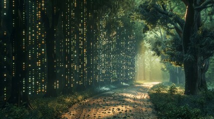 Obraz premium A trail leading through the forest lined by trees displaying the intricate code of each block.