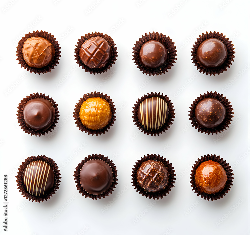 Poster exquisite chocolate truffle assortment showcasing various coatings and designs, arranged symmetrical
