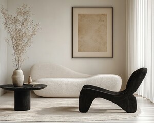 Minimalist Interior Design Scene with Curved Sofa and Black Wooden Chair in Scandinavian Style