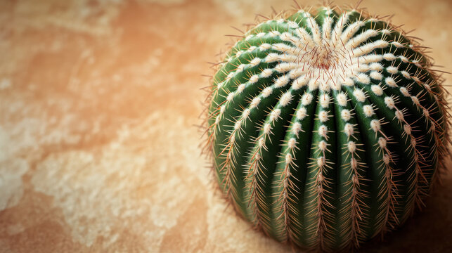 A close-up of a barrel cactus with white spines and a textured green body, set against a pale terracotta background