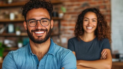 Fototapeta premium Smiling man with glasses, woman in background. Happy couple, entrepreneurs, small business owners.