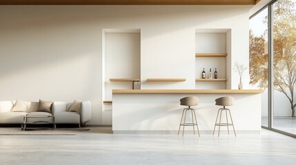 Scandinavian Minimalist Interior Design with Bar Counter and Modern Stools in Natural Light