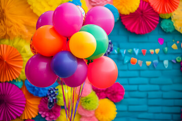 Playful festival scene with colorful balloons against a backdrop of vibrant decorations
