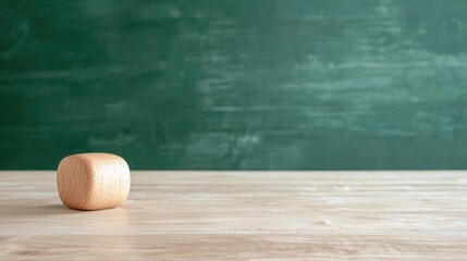 Wooden cube on light wooden table in front of green chalkboard