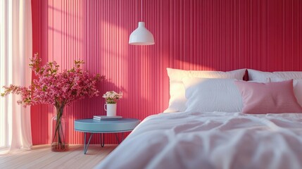 Cozy Modern Minimalist Bedroom Interior with Pink Accent Wall and Soft Lighting