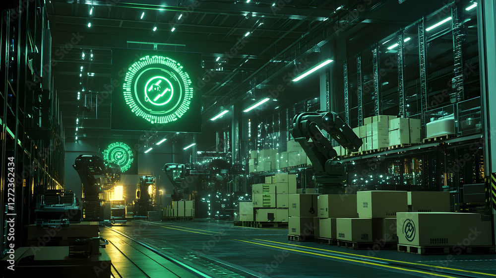 Poster futuristic automated warehouse with robotic arms processing packages under the glow of digital inter