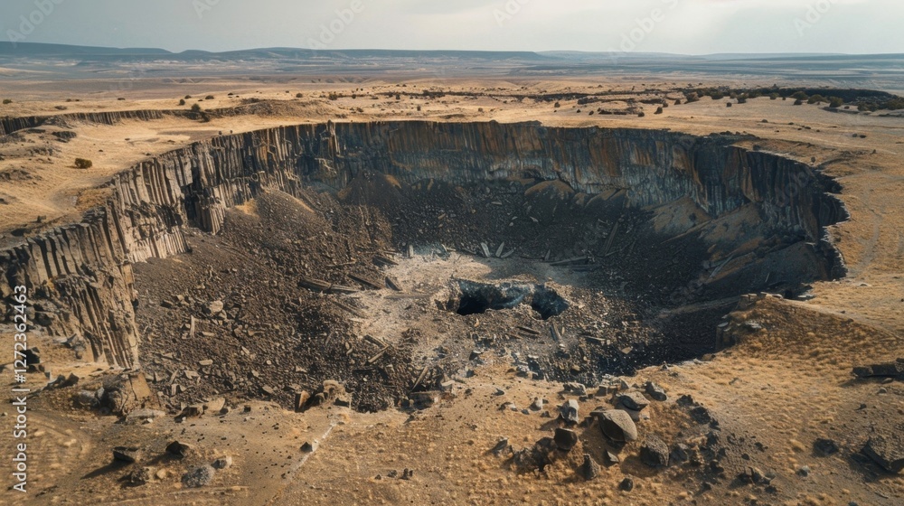 Poster the edges of the crater hold remnants of what used to be shattered buildings and broken infrastructu