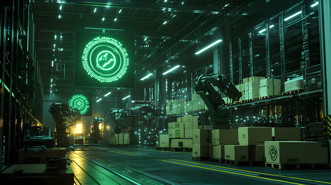 Futuristic automated warehouse with robotic arms processing packages under the glow of digital interfaces providing real-time inventory information