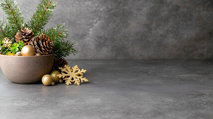 Festive bowl with pine, cones, ornaments, grey background; Christmas decoration, holiday card