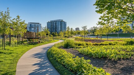 Fototapeta premium Serene Urban Park Pathway: A tranquil stroll through a modern city park, showcasing a paved pathway winding through lush greenery and community gardens, with modern architecture as a backdrop.