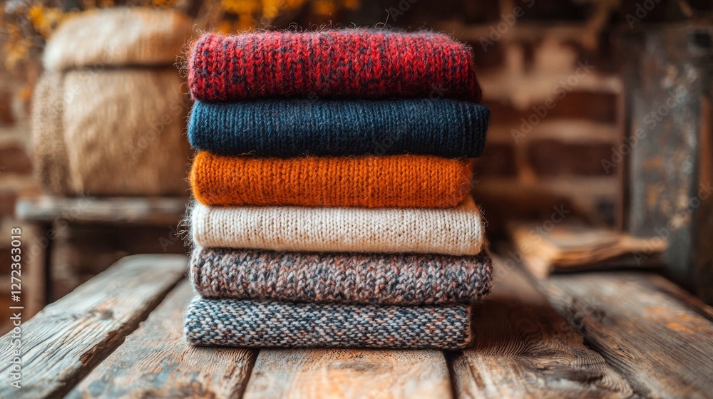 Poster a neatly arranged stack of folded clothing in warm autumn colors rests on a weathered wooden surface