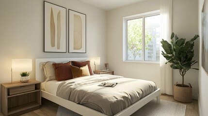 Scandinavian-inspired bedroom with floating white frame and minimalist decor