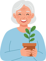 Elderly woman smiling while holding a potted plant in flat vector illustration