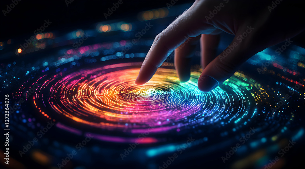 Poster human touch interacting with a vibrant technological interface featuring colorful concentric circles