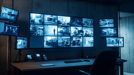Fototapeta premium High-Tech Surveillance Hub, A Network of Screens Displaying Real-Time Feeds in a Modern Security Monitoring Room with Advanced Technology