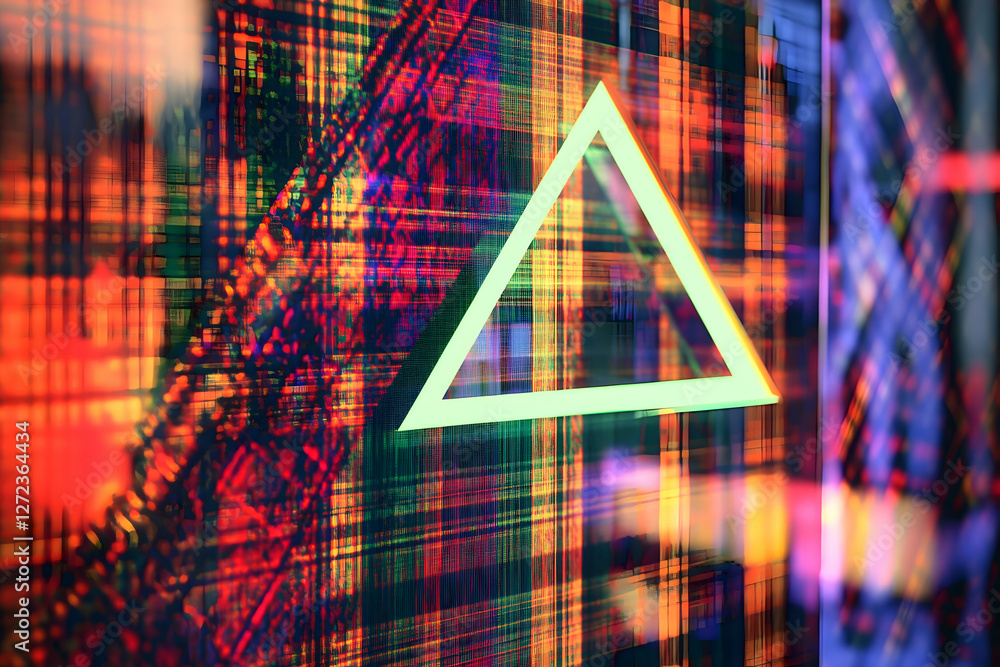 Poster illuminated geometric symbol against kaleidoscopic backdrop, a convergence of vibrancy and precise l