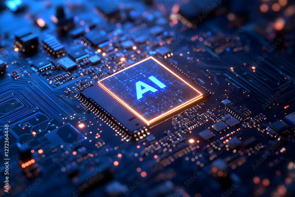 Aufkleber illuminated artificial intelligence chip on a detailed circuit board, representing advanced technolo