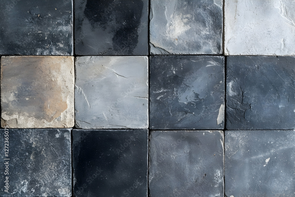 Poster intricate arrangement of weathered stone tiles exhibiting varying shades of gray, adding visual inte