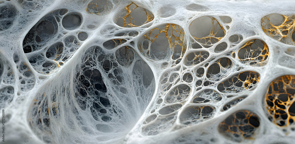Poster intricate filigree network, an abstract exploration of interconnected forms with gold highlights and