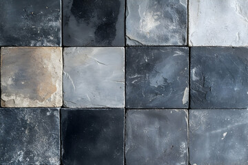 Naklejka premium Intricate arrangement of weathered stone tiles exhibiting varying shades of gray, adding visual interest and textural depth to the overall composition