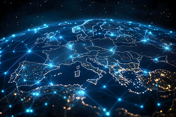 Fototapeta premium Interconnected Europe, A Digital Network Illuminating the Continent's Geography and Fostering Global Communication and Technological Advancement