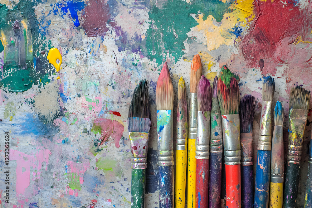 Poster artistic tools of expression, a collection of paintbrushes resting on a vibrant canvas, showcasing t