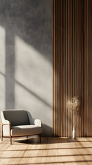 Interior Scene: Armchair, Wood Slat Wall, and Concrete Wall