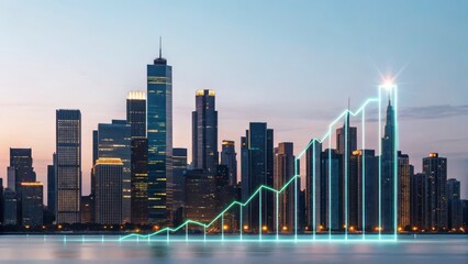 Fototapeta premium Illuminated City Skyline at Night with Upward Trending Graph Overlay