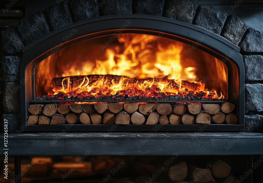 Aufkleber cozy and inviting fireplace with logs and bright flames creating a warm atmosphere in a rustic setti