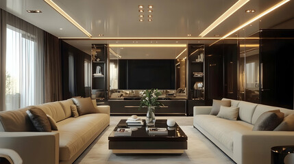 Smart home control panel in luxurious living room with modern furniture