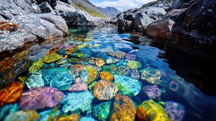 Colorful river rocks, mountain stream, clear water, scenic landscape, nature travel