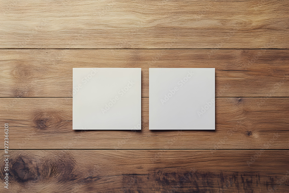 Poster minimalist mock-up featuring two square cards on a textured wooden surface perfect for showcasing de