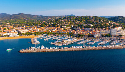 Fototapeta premium Aerial view of the small seaside town of Sainte-Maxime, located in the south-east of France on the Cote d'Azur