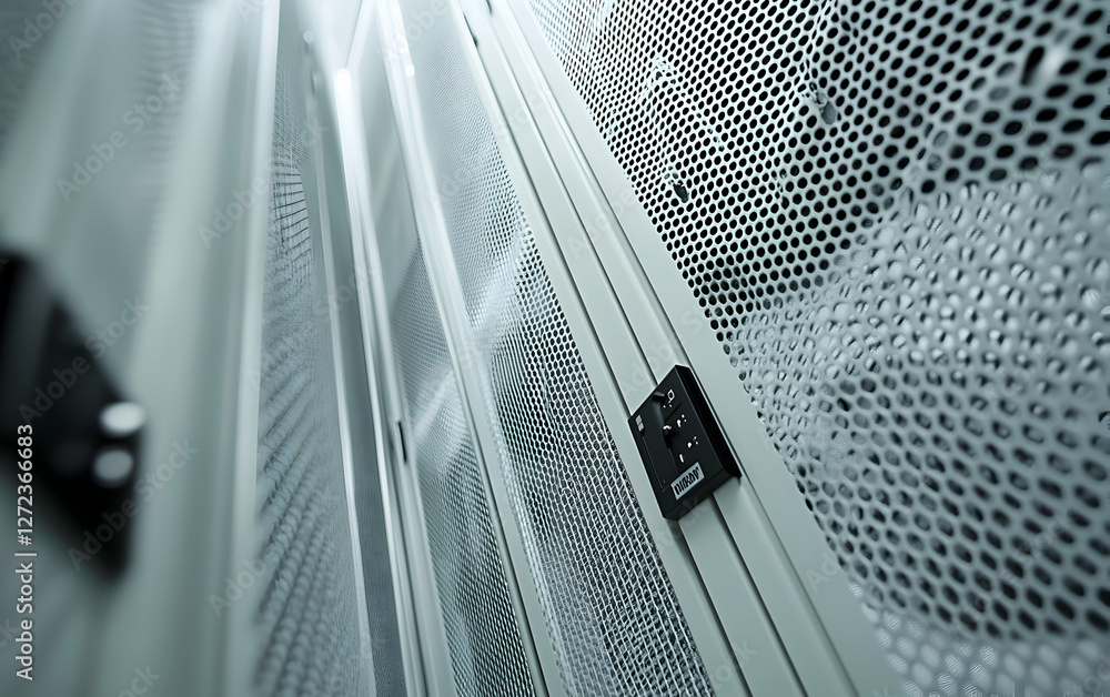 Poster modern data center infrastructure featuring perforated metal server racks and electronic access cont