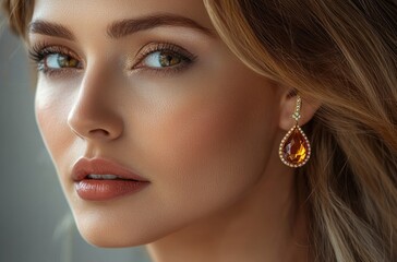 Close-up of Elegant Amber Earrings on Woman's Ear in Soft Lighting