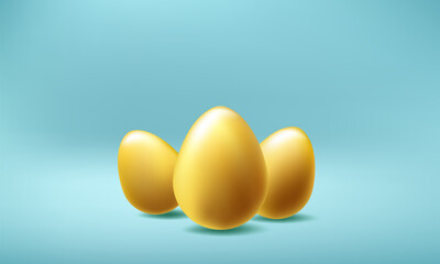 Easter day egg hunt, 3d metal golden day background. Vector podium with flying april chocolate gifts, Happy minimalistic greeting card template. Pastel business offer spring design. Religious symbol