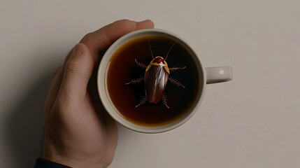 A cup of coffee with a fake floating cockroach inside, the drinker’s shocked expression visible, selective focus on the cockroach, copy space for text, ultra HD, 