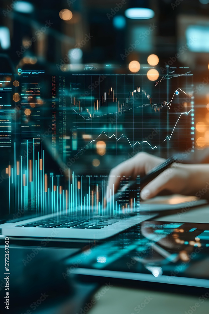 Poster navigating financial markets with advanced analytics and data visualization tools for investment str
