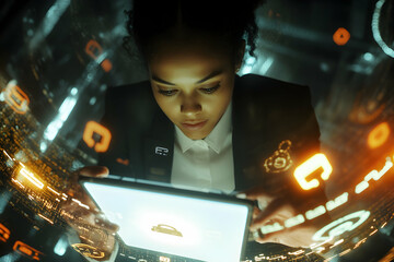 Navigating the digital frontier, a focused professional analyzes data streams on a glowing tablet within a futuristic cityscape backdrop