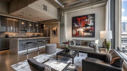Fototapeta premium Sophisticated apartment living room with a spacious layout, luxurious decor, and comfortable furnishings for a stylish home