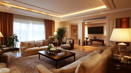 Fototapeta premium Sophisticated apartment living room with a spacious layout, luxurious decor, and comfortable furnishings for a stylish home