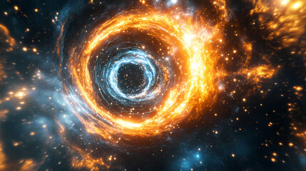 A cosmic portal, glowing with an orange and blue light, surrounded by stars, radiating energy in the form of circular waves. Galactic Energy Waves. Illustration