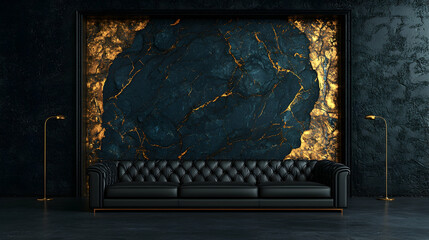 Luxurious black leather sofa in dark room, gold accents, marble wall, modern interior design