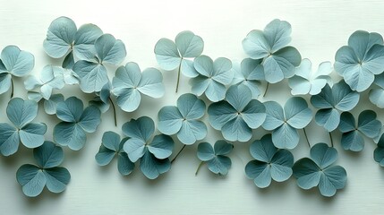 Blue hydrangea leaves arranged on white background; floral banner design